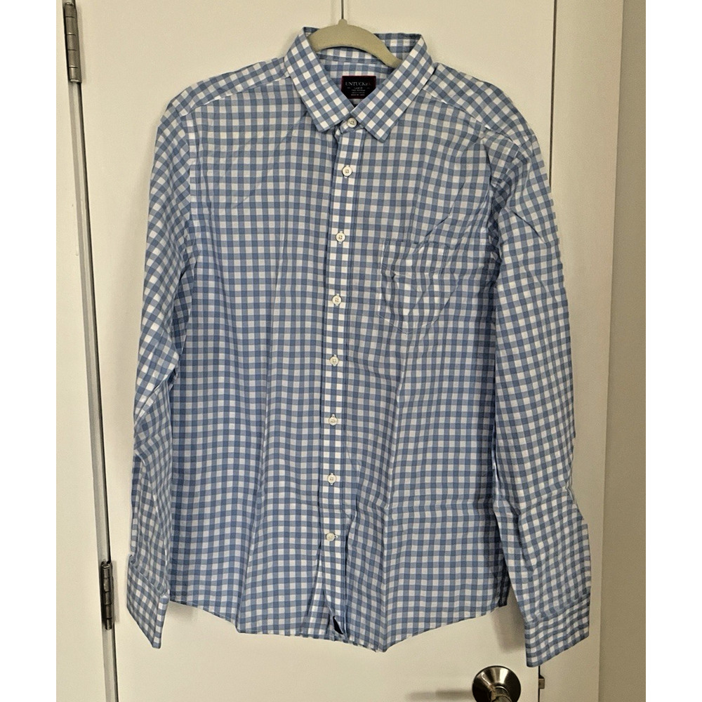 UNTUCKit Men's L Blue White Gingham Check Button Down Long Sleeve Cotton Shirt